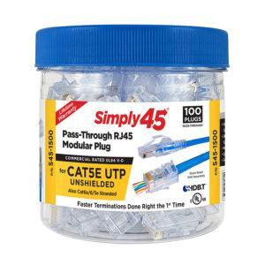 Simply45 RJ45 pass through modular plug for 24 AWG HNC Pro CAT5E UTP cables, plastic jar 100