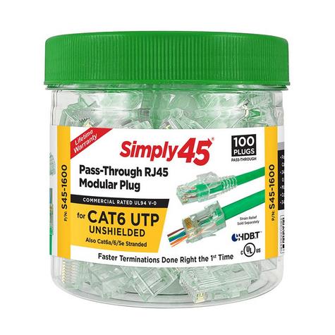 Simply45 RJ45 pass through modular plug for 23AWG HNCProPlus CAT6 UTP cables, plastic jar 100